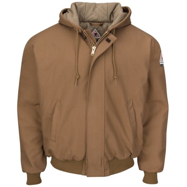Insulated Brown Duck Hooded Jacket with Knit Trim Thumbnail